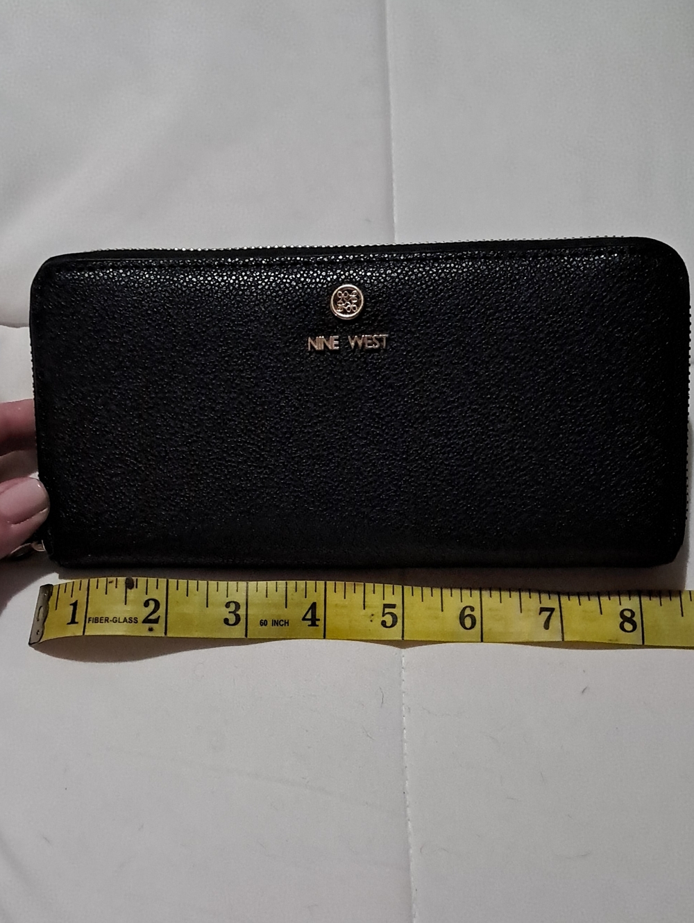 Nine West Black Textured Zip Wallet with Gold Logo Accent